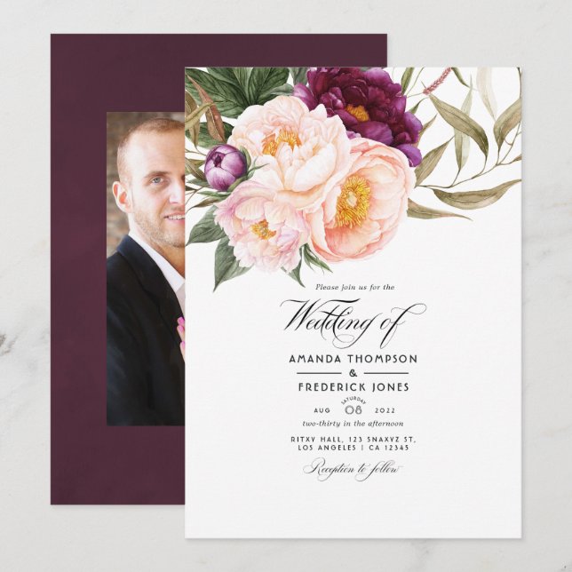 Invitation Plum et Pêche Mariage floral photo (Devant / Derrière)