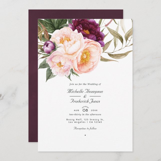 Invitation Plum et Pêcher Floral QR Code RSVP Mariage (Devant / Derrière)