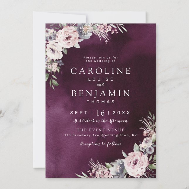 Invitation Plum et rose pâle boho rustique mariage floral (Devant)