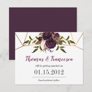 Invitation Plum Floral Faux Or Géométrique Enregistrer la car