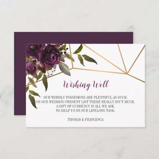 Invitation Plum Floral Faux Or Géométrique Wishing Well Card (Devant / Derrière)