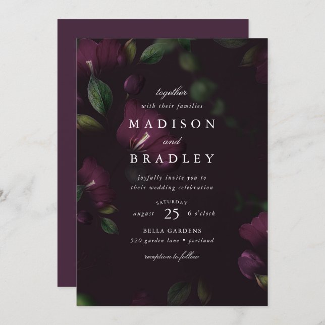 Invitation Plum floral foncé | MARIAGE (Devant / Derrière)