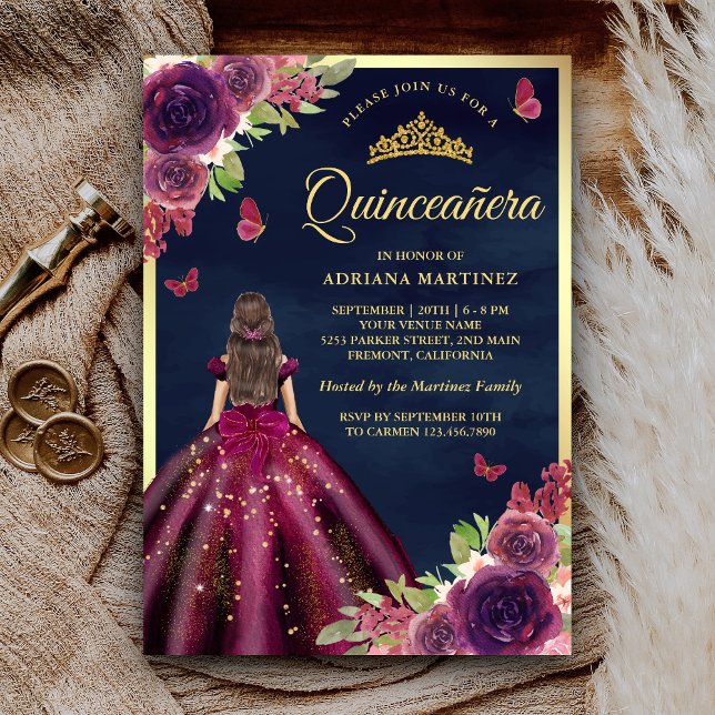 Invitation Plum Floral Papillon Marine Blue Gold Quinceanera (Créateur téléchargé)
