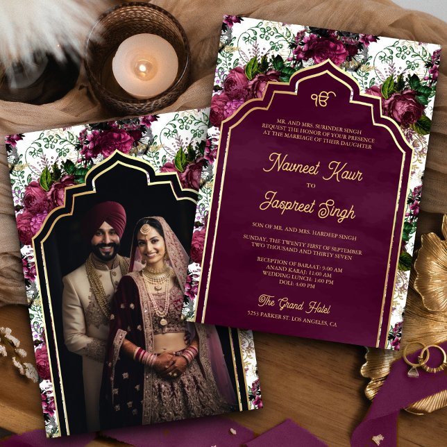 Invitation Plum Floral Photo Anand Karaj Sikh Mariage (Créateur téléchargé)
