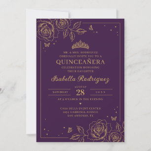 Invitation Plum Gold Floral Quinceañera