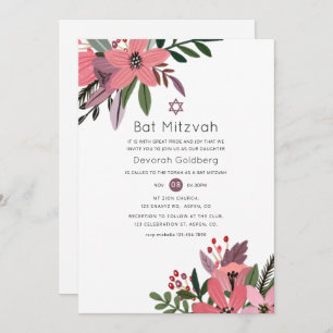 Invitation Plum Grandeur moderne et Bat mitzvah floral rose