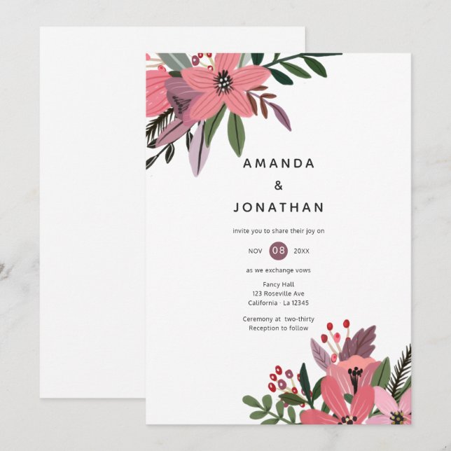 Invitation Plum Grandeur moderne et Mariage floral rose (Devant / Derrière)