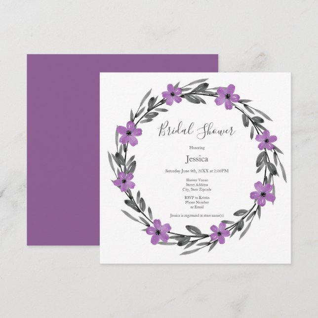 Invitation Plum Mauve Gris Aquarelle noire Florale Wreath (Devant / Derrière)