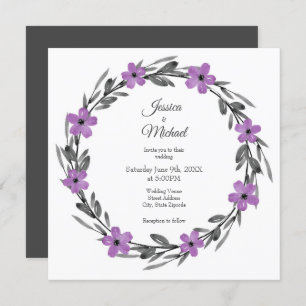 Invitation Plum Mauve Gris Aquarelle noire Florale Wreath