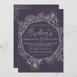 Invitation Plum moderne, violet foncé et Mariage fleuri d'arg