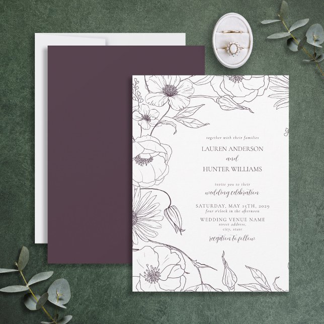 Invitation Plum moderne violet ligne Art Mariage Floral (Créateur téléchargé)