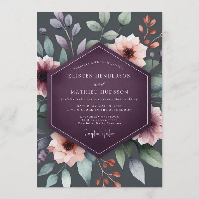 Invitation Plum Moody Botanical Autumn Wedding (Devant)