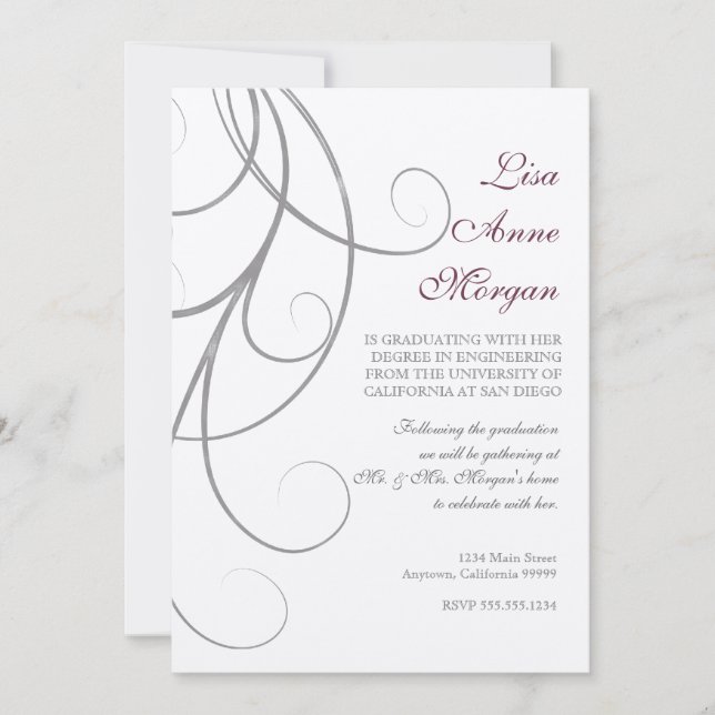 Invitation Plum n Silver Leaf Swirl Damask 2 Graduation (Devant)