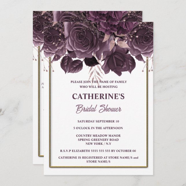Invitation Plum or blanc rose aquarelle nuptiale douche chic (Devant / Derrière)