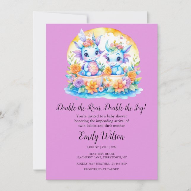 INVITATION PLUM PINK RAINBOU FLORAL DRAGONS TWINS BABY SHOWER (Devant)