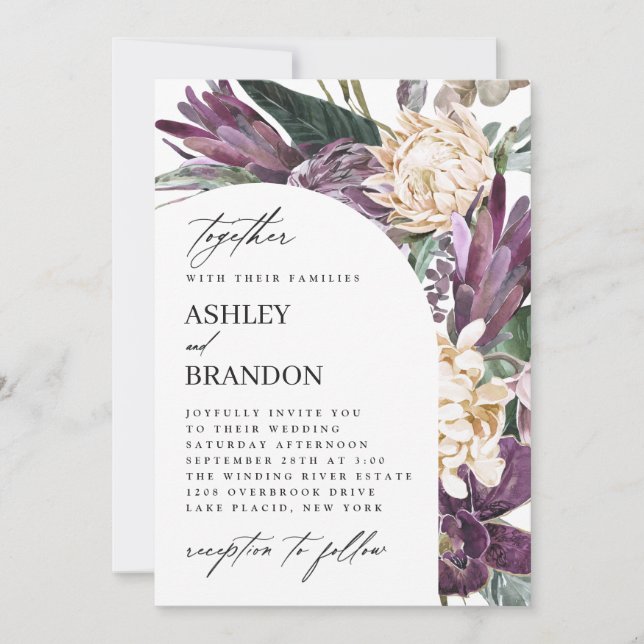 Invitation Plum pourpre Boho Mariage floral tropical (Devant)