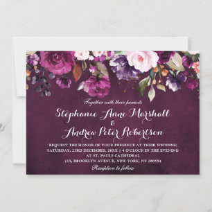 Invitation Plum pourpre Bourgogne Aquarelle Florale Rustique
