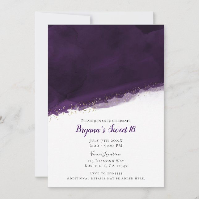 Invitation Plum Purple Aquarelle & Or Moderne Chic Sweet 16 (Devant)