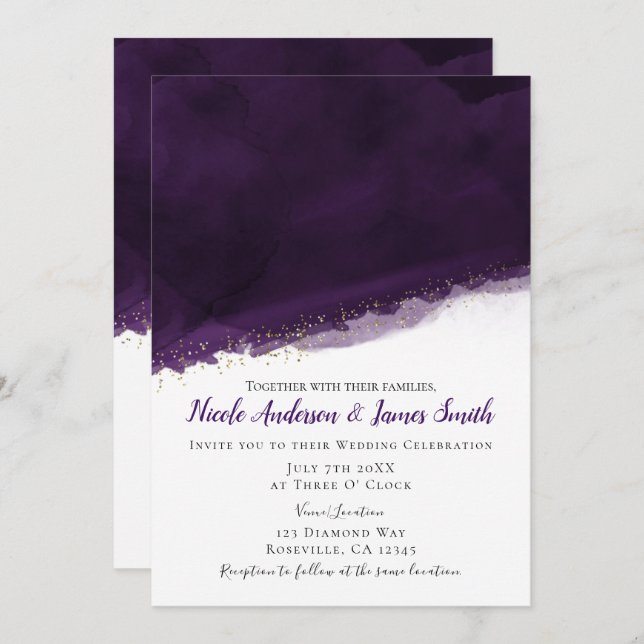 Invitation Plum Purple Aquarelle & Or Moderne Mariage chic (Devant / Derrière)