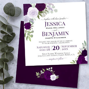 Invitation Plum Purple Aquarelle Roses Mariage élégant