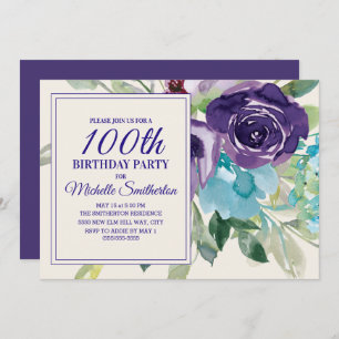 Invitation Plum Purple Bleu Aquarelle Florale 100e anniversai