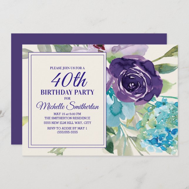 Invitation Plum Purple Bleu Aquarelle Florale 40e anniversair (Devant / Derrière)