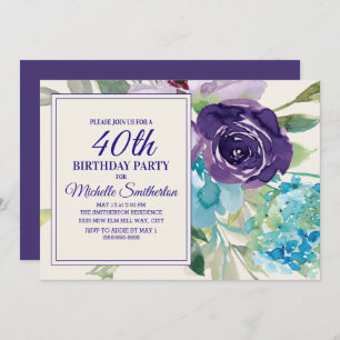 Invitation Plum Purple Bleu Aquarelle Florale 40e anniversair