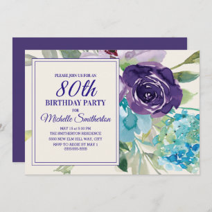 Invitation Plum Purple Bleu Aquarelle Florale 80e anniversair
