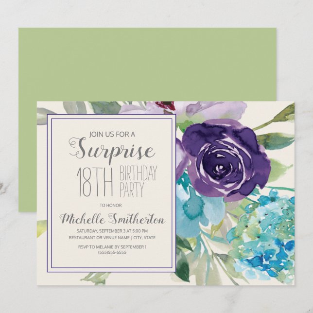 Invitation Plum Purple Bleu Floral Surprise 18E Anniversaire (Devant / Derrière)