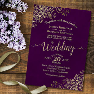 Invitation Plum Purple Élégant Lacy Gold Calligraphie Mariage