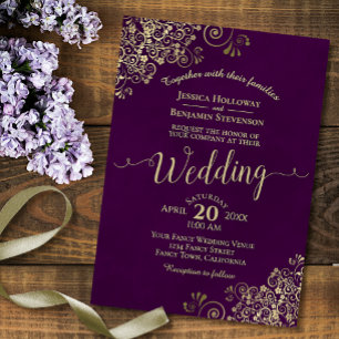 Invitation Plum Purple Élégant Lacy Gold Calligraphie Mariage