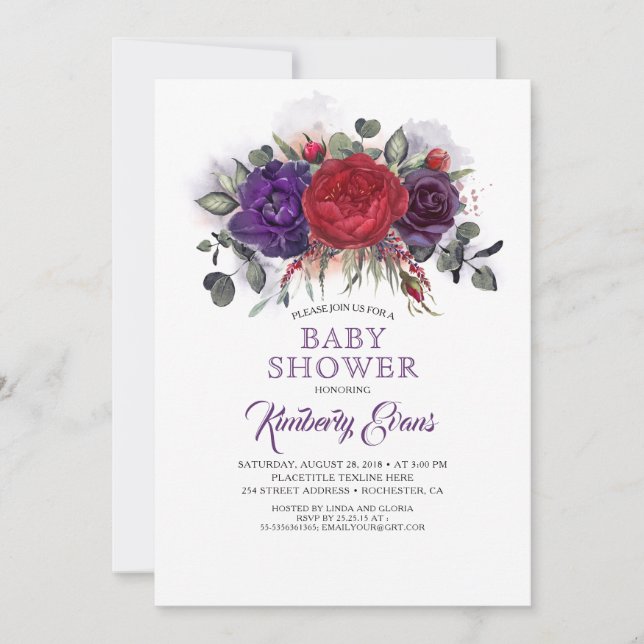 Invitation Plum Purple et Baby shower d'automne floral Bourgo (Devant)