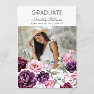 Invitation Plum Purple Floral Aquarelle Photo Graduation
