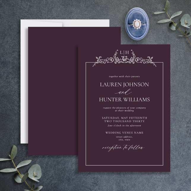 Invitation Plum Purple Floral Bordure Monogramme Mariage (Créateur téléchargé)