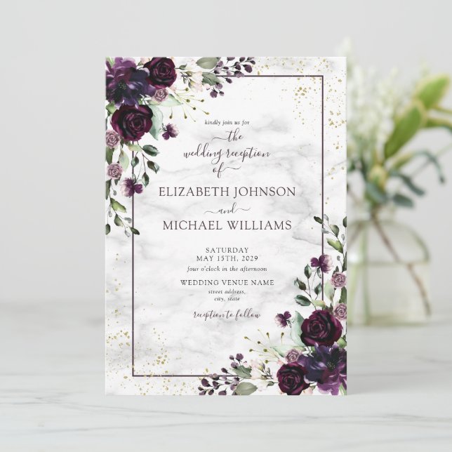 Invitation Plum Purple Gold Watercolor Marble Fall Reception (Debout devant)