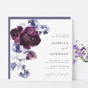 Invitation Plum Purple & Indigo Blue Floral Mariage Carré