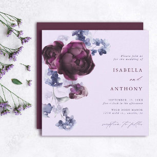Invitation Plum Purple & Indigo Blue Floral Mariage Carré
