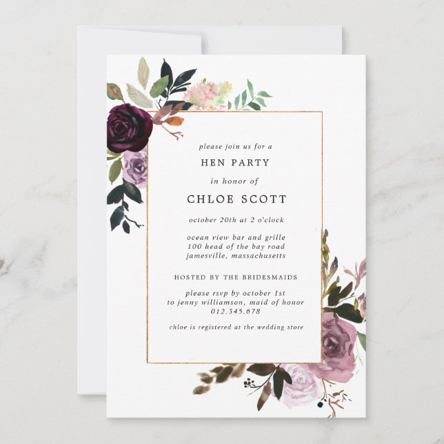 Invitation Plum Purple Mauve Rose Floral Hen Party (Devant)