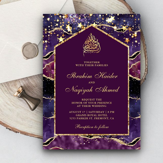 Invitation Plum Purple Or Agate Marbre Arche Mariage musulman (Créateur téléchargé)