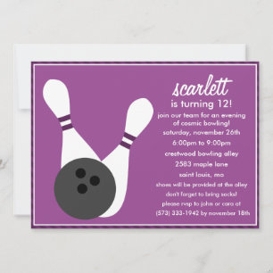 Invitation Plum Purple Pin Stripes Bowling Anniversaire