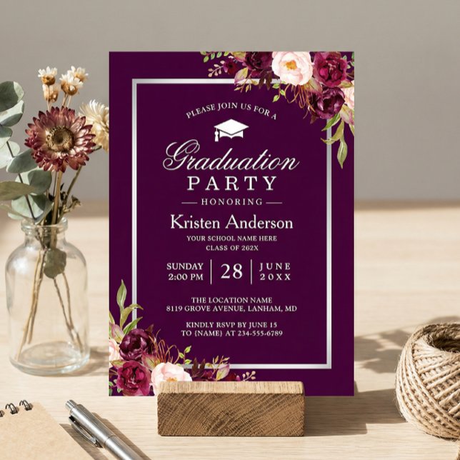 Invitation Plum Purple Rustique Floral Parti de Graduation (Créateur téléchargé)