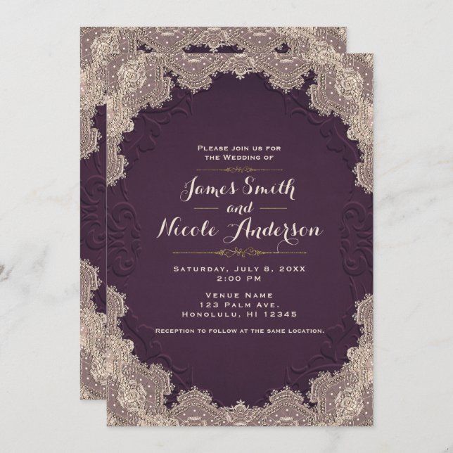 Invitation Plum Purple Suede cuir Vintage dentelle Mariage (Devant / Derrière)