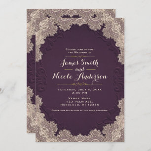 Invitation Plum Purple Suede cuir Vintage dentelle Mariage