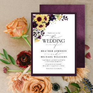 Invitation Plum Purple Sunflower Aquarelle Script Mariage