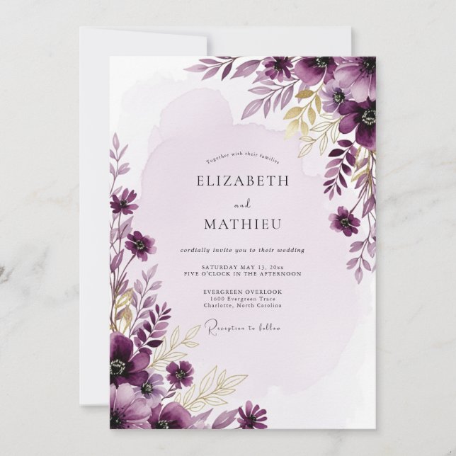Invitation Plum Resplendent Watercolor Wedding (Devant)