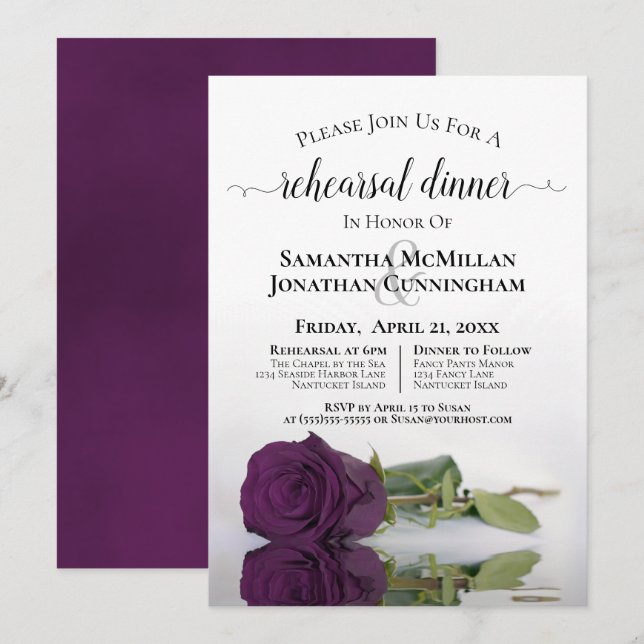 Invitation Plum romantique Violet Rose Dîner de répétition Ma (Devant / Derrière)