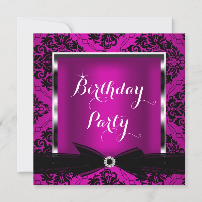 Invitation Plum rose Damask Argent Noir fête d'anniversaire 2 (Devant)