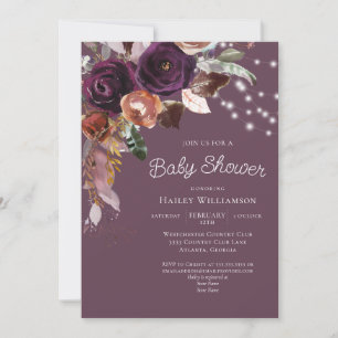 Invitation Plum rose Purple Chaîne Florale Baby shower clair