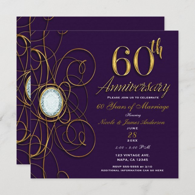 Invitation Plum Royal Purple Gold Diamond 60 60e anniversaire (Devant / Derrière)