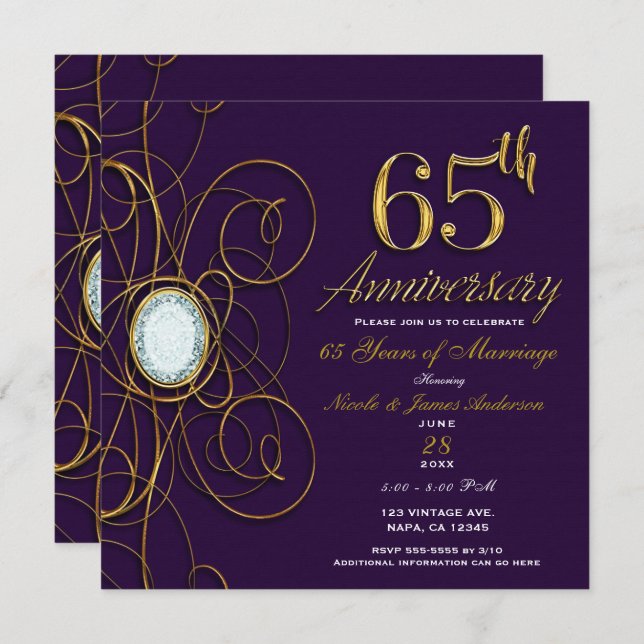 Invitation Plum Royal Purple Gold Diamond 65 65e Anniversaire (Devant / Derrière)
